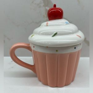 Indigo Pink Cupcake Mug with Lid Cherry on Top